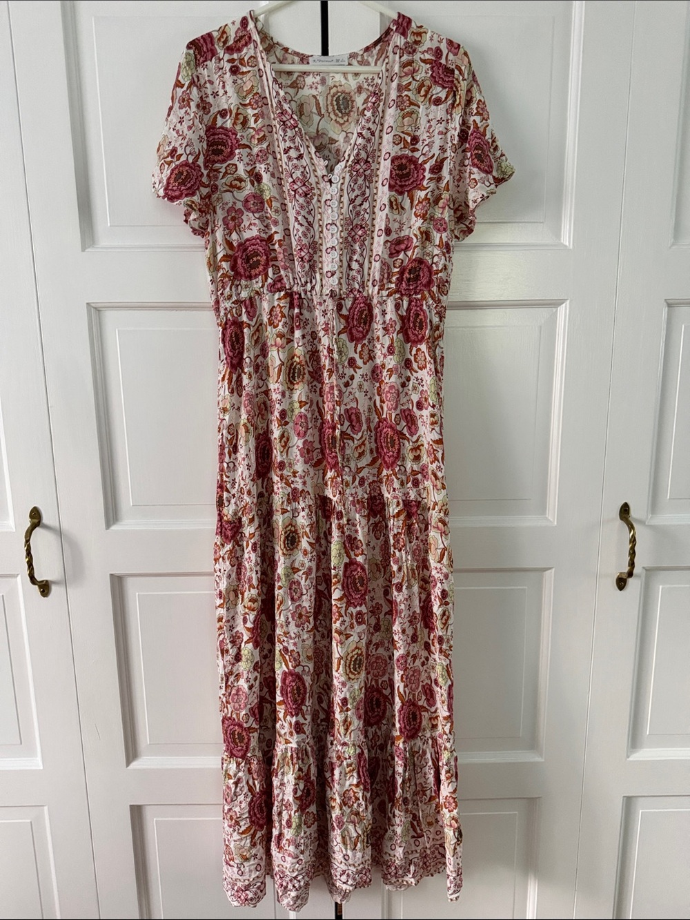 Boho Floral V-Neck Pink Maxi Dress with Elastic Waist